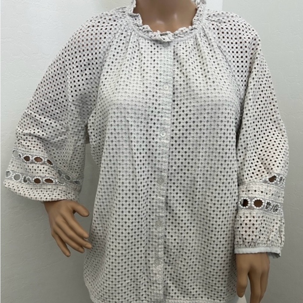 Banana Republic White Eyelet Peasant Blouse Ruffled Trim 3/4 Sleeves - Size XL - Picture 2 of 9